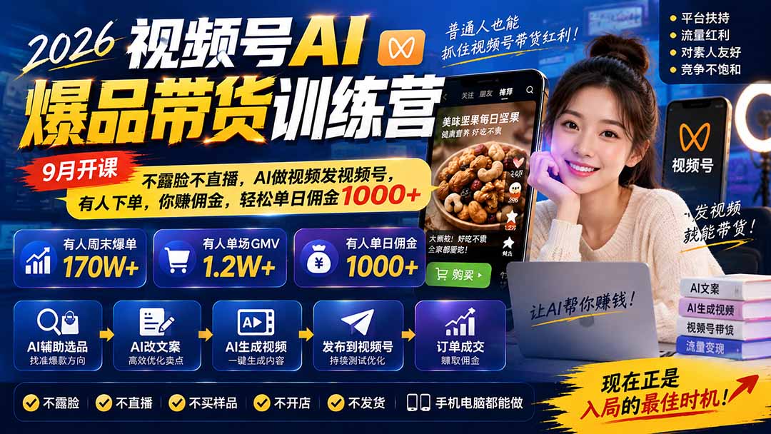 （20537期）2026视频号AI爆品带货训练营-9月开课｜不露脸不直播，AI做视频发视频号，有人下单，你赚佣金，轻松单日佣金1000+ - 臻优资源网