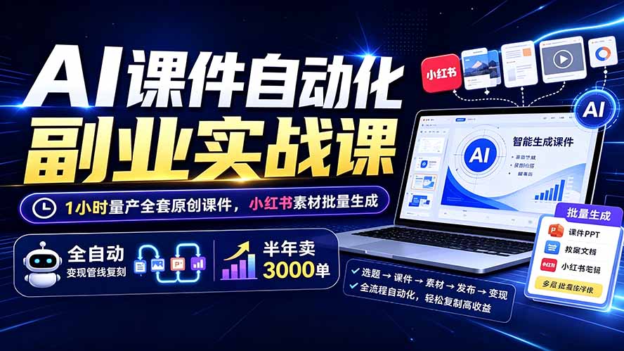 （19518期）AI课件自动化副业实战课：1小时量产全套原创课件×小红书素材批量生成×全自动变现管线×半年卖3000单 - 臻优资源网