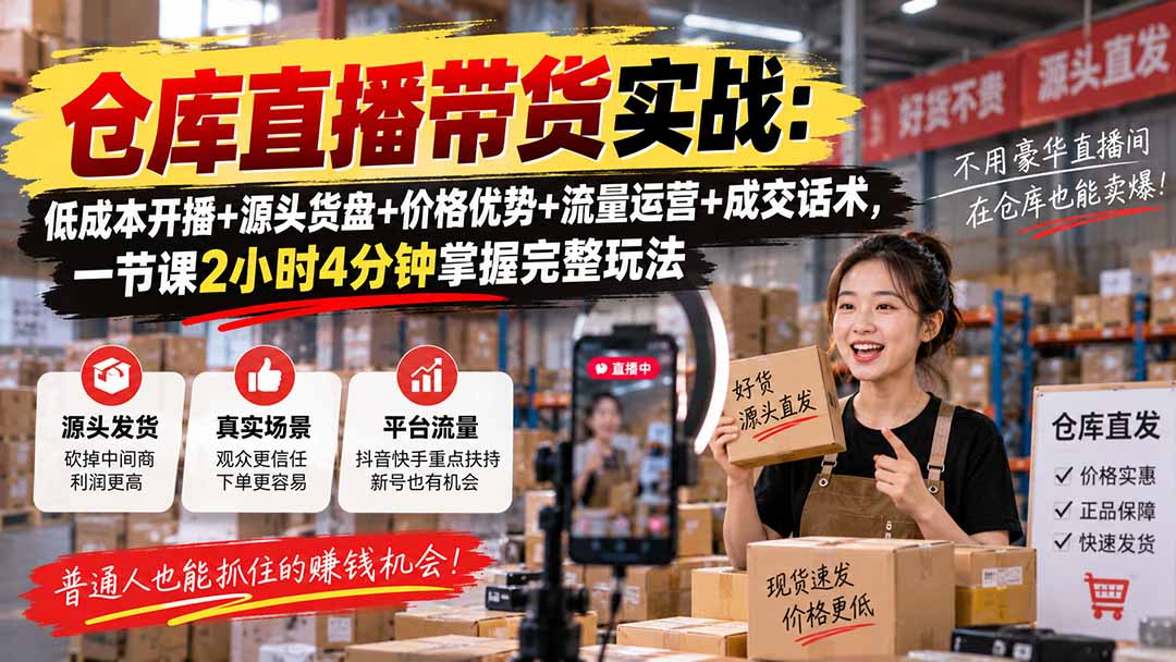 （20471期）仓库直播带货实战：低成本开播+源头货盘+价格优势+流量运营+成交话术，一节课2小时4分钟掌握完整玩法 - 臻优资源网