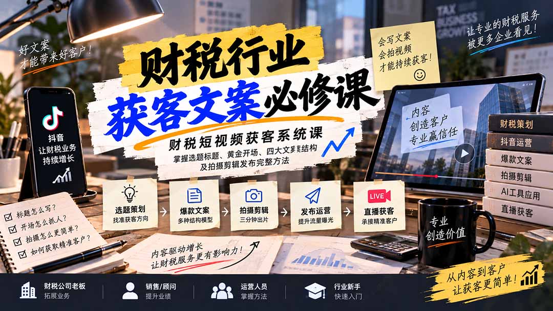 （20591期）财税短视频获客系统课：掌握选题标题、黄金开场、四大文案结构及拍摄剪辑发布完整方法 - 臻优资源网