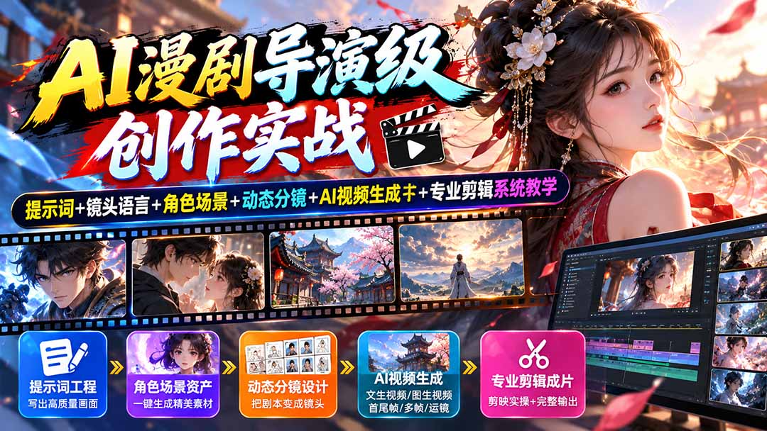(20814期)AI漫剧导演级创作实战:提示词+镜头语言+角色场景+动态分镜+AI视频生成+专业剪辑系统教学 - 臻优资源网