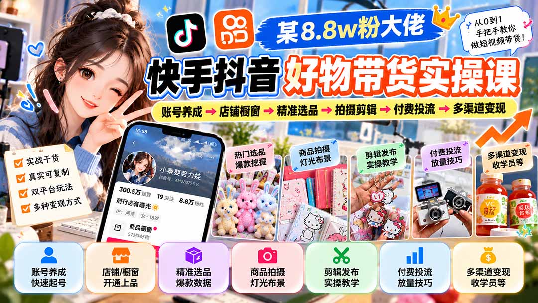 （20733期）某8.8w粉大佬快手抖音好物带货实操课：账号养成→店铺橱窗→精准选品→拍摄剪辑→付费投流→多渠道变现 - 臻优资源网