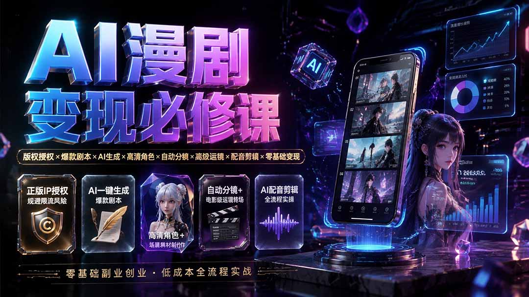 （19664期）AI漫剧变现必修课：版权授权×爆款剧本×AI生成×高清角色×自动分镜×高级运镜×配音剪辑×零基础变现 - 臻优资源网