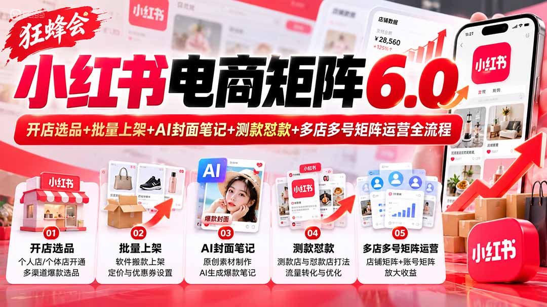 （20732期）【无水印】狂蜂会小红书电商矩阵6.0：开店选品+批量上架+AI封面笔记+测款怼款+多店多号矩阵运营全流程 - 臻优资源网