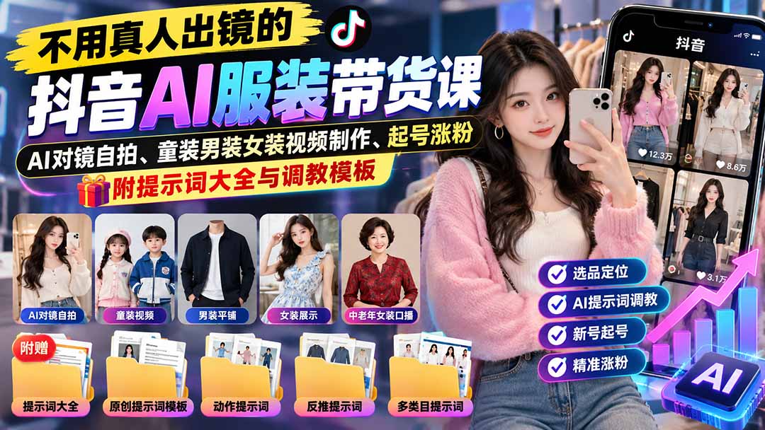 （20960期）不用真人出镜的抖音AI服装带货课：AI对镜自拍、童装男装女装视频制作、起号涨粉，附提示词大全与调教模板 - 臻优资源网