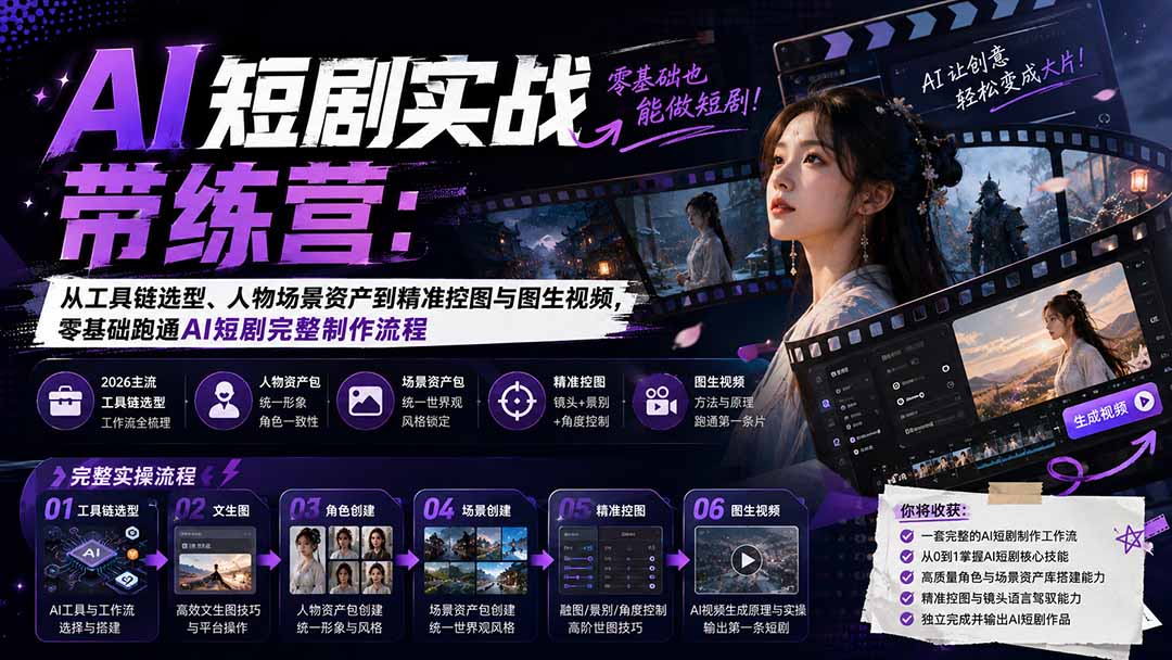 （20064期）AI短剧实战训练营：从工具链选型、人物场景资产到精准控图与图生视频，零基础跑通AI短剧完整制作流程 - 臻优资源网
