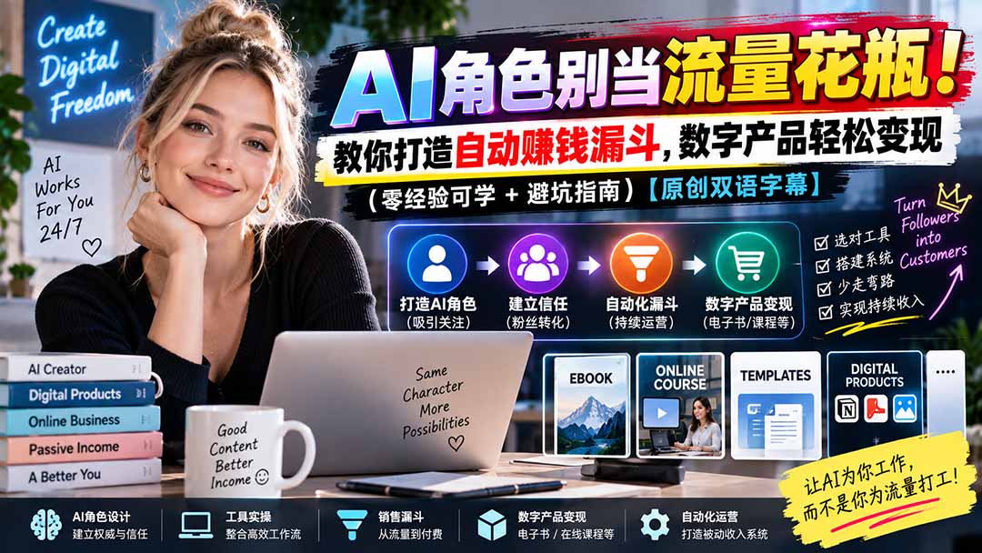 （20475期）AI角色别当流量花瓶！教你打造自动赚钱漏斗，数字产品轻松变现（零经验可学+避坑指南）【原创双语字幕】 - 臻优资源网
