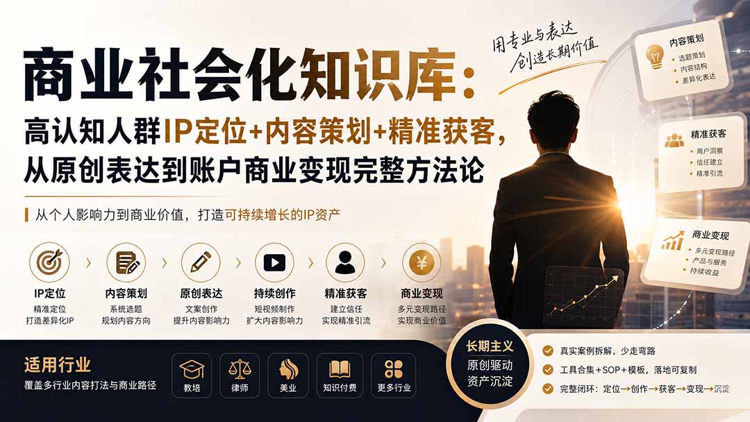 （19733期）商业社会化知识库：高认知人群IP定位+内容策划+精准获客，从原创表达到账户商业变现完整方法论 - 臻优资源网