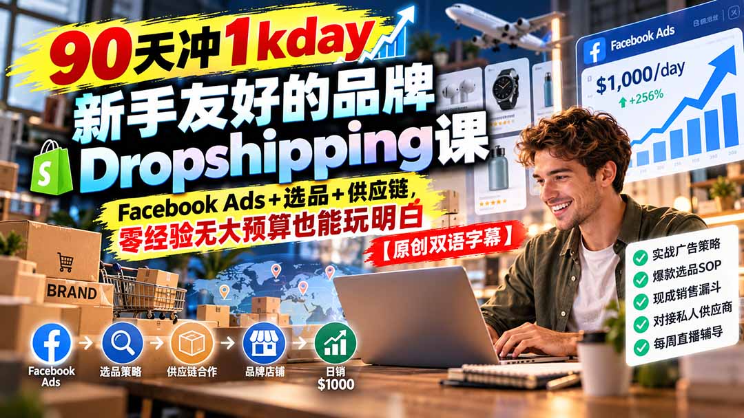 （20738期）90天冲1kday 新手友好的品牌Dropshipping课：Facebook Ads+选品+供应链，零经验无大预算也能玩明白【原创双语字幕】 - 臻优资源网
