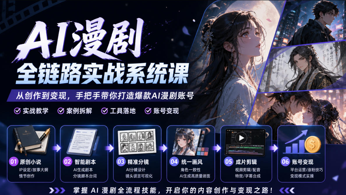 AI漫剧全链路实战系统课｜原创小说、智能剧本、精准分镜、统一画风、成片剪辑、账号变现实操教学 - 臻优资源网