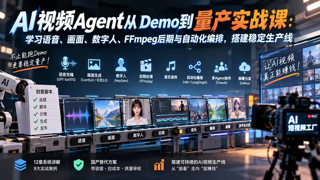 （20451期）AI视频Agent从Demo到量产实战课：学习语音、画面、数字人、FFmpeg后期与自动化编排，搭建稳定生产线 - 臻优资源网