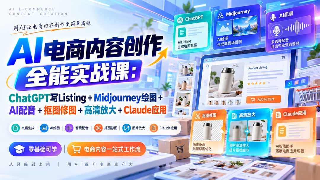 （20770期）【无水印】AI电商内容创作全能实战课：ChatGPT写Listing+Midjourney绘图+AI配音+抠图修图+高清放大+Claude应用 - 臻优资源网