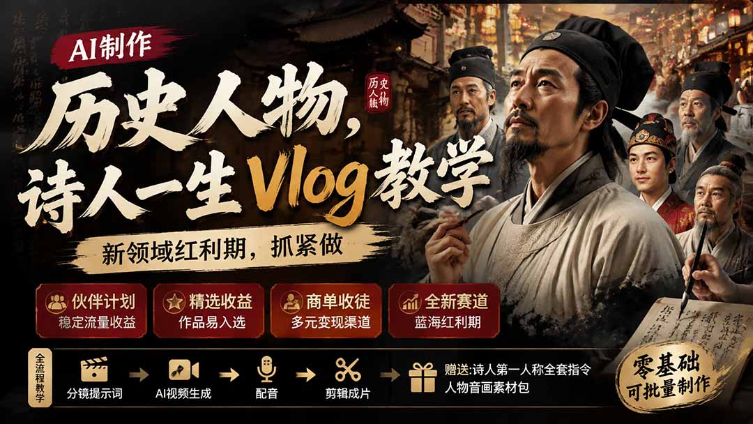 （19758期）历史人物，诗人一生Vlog教学， AI制作丨伙伴计划丨精选收益丨商单收徒 ，新领域红利期，抓紧做 - 臻优资源网
