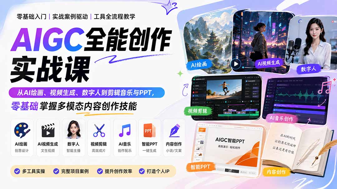 （20065期）AIGC全能创作实战课：从AI绘画、视频生成、数字人到剪辑音乐与PPT，零基础掌握多模态内容创作技能 - 臻优资源网