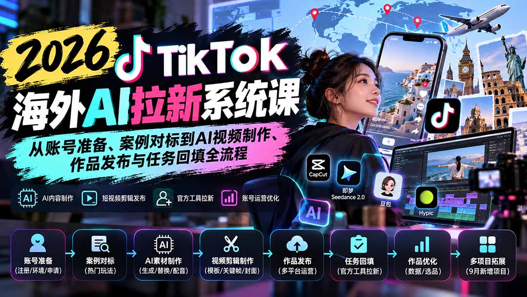 （20675期）【无水印】2026 TikTok海外AI拉新系统课：从账号准备、案例对标到AI视频制作、作品发布与任务回填全流程 - 臻优资源网