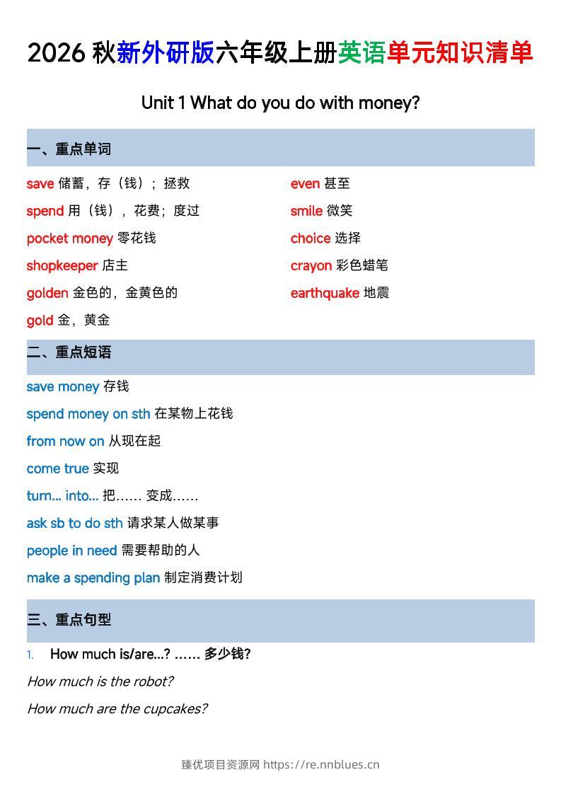 外研社版六年级英语上册全单元知识清单 - 臻优资源网