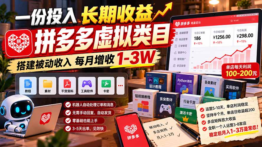 （21166期）一份投入长期收益，拼多多虚拟类目，搭建被动收入每月增收 1-3W - 臻优资源网
