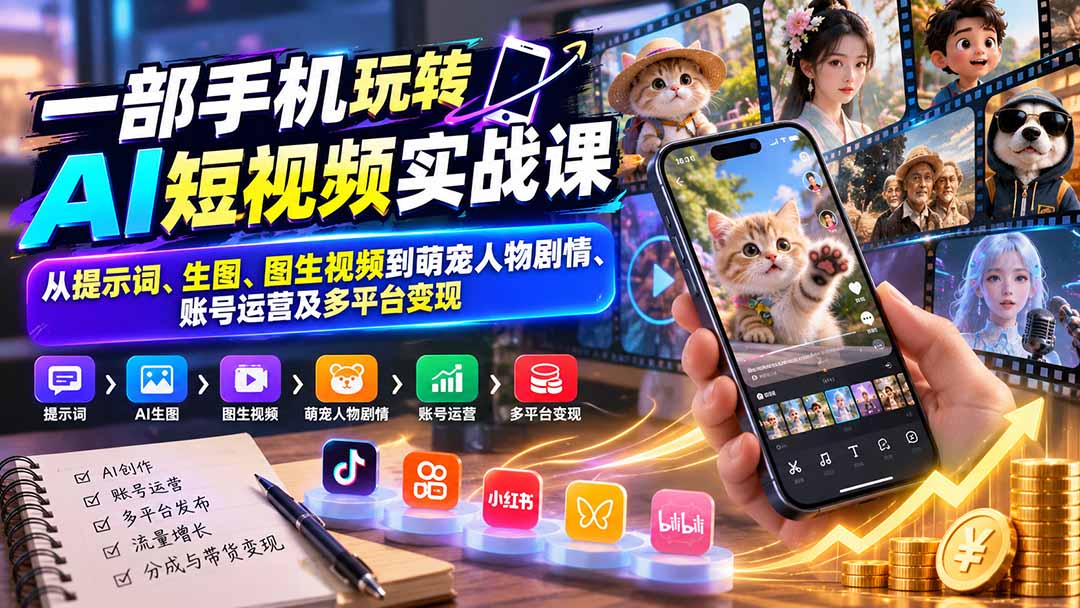 (20663期)一部手机玩转AI短视频实战课:从提示词、生图、图生视频到萌宠人物剧情、账号运营及多平台变现 - 臻优资源网