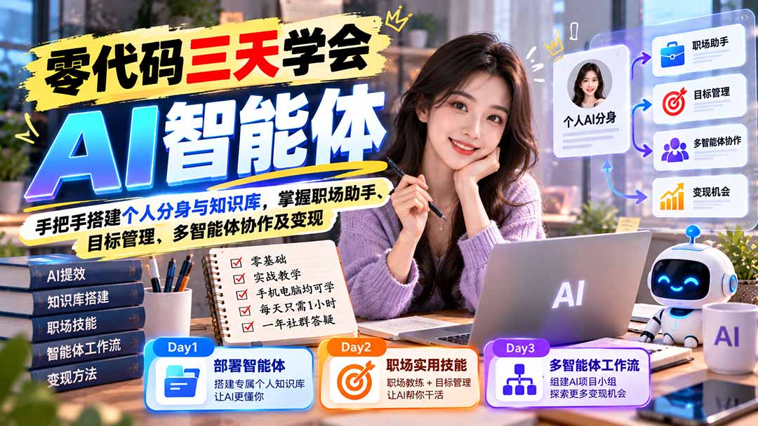 （20978期）【无水印】零代码三天学会AI智能体：手把手搭建个人分身与知识库，掌握职场助手、目标管理、多智能体协作及变现 - 臻优资源网