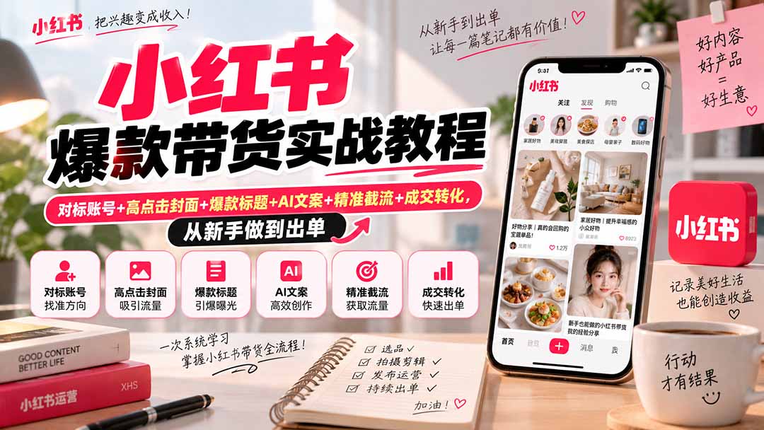 （20473期）小红书爆款带货实战教程｜对标账号+高点击封面+爆款标题+AI文案+精准截流+成交转化，从新手做到出单 - 臻优资源网