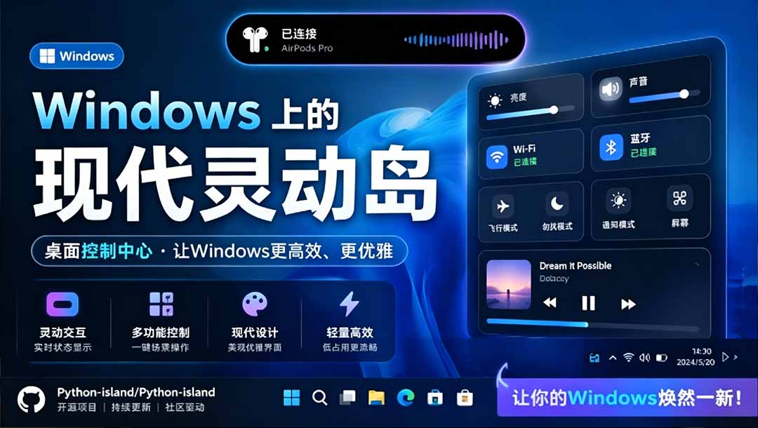 （19104期）Windows也能拥有桌面灵动岛！现代化的系统控制中心，让你的电脑多个黑刘海，PyIsland - 臻优资源网