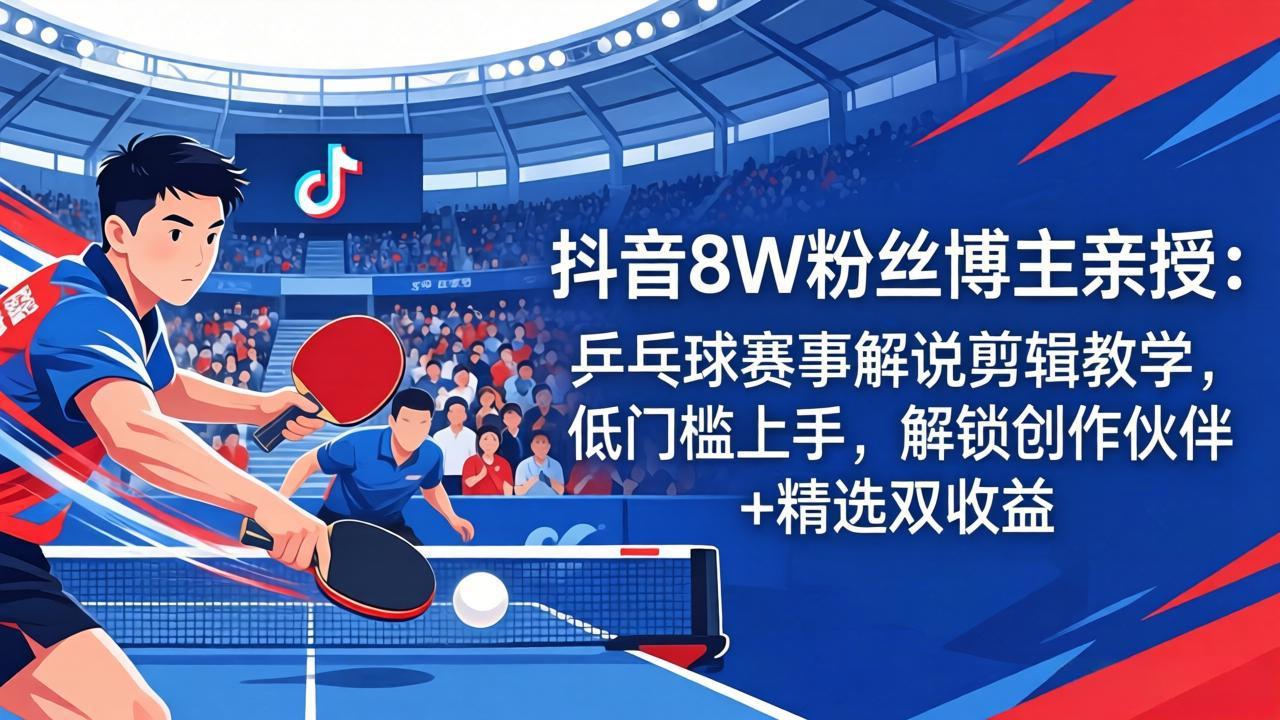 （18069期）抖音8W粉丝博主亲授：乒乓球赛事解说剪辑教学，低门槛上手，解锁创作伙伴+精选双收益 - 臻优资源网