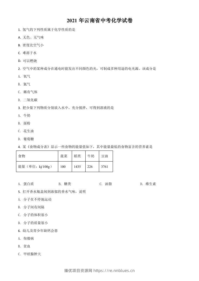 云南省2021年中考化学试题（空白卷） - 臻优资源网