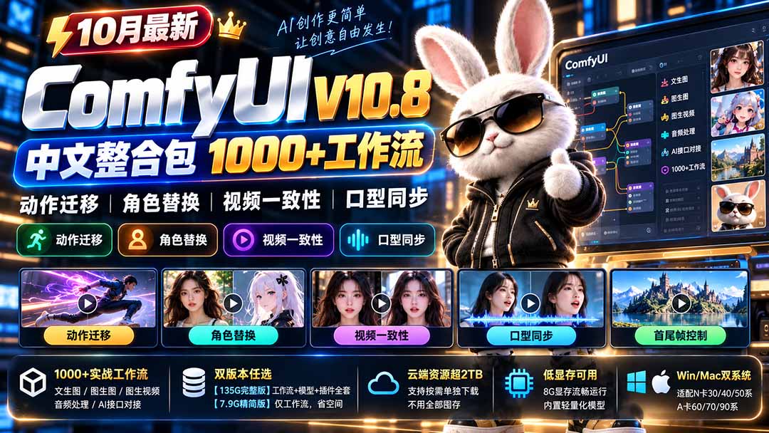（21240期）10月最新ComfyUI V10.8中文整合包 1000+工作流 动作迁移 角色替换 视频一致性 口型同步 低显存可用 - 臻优资源网