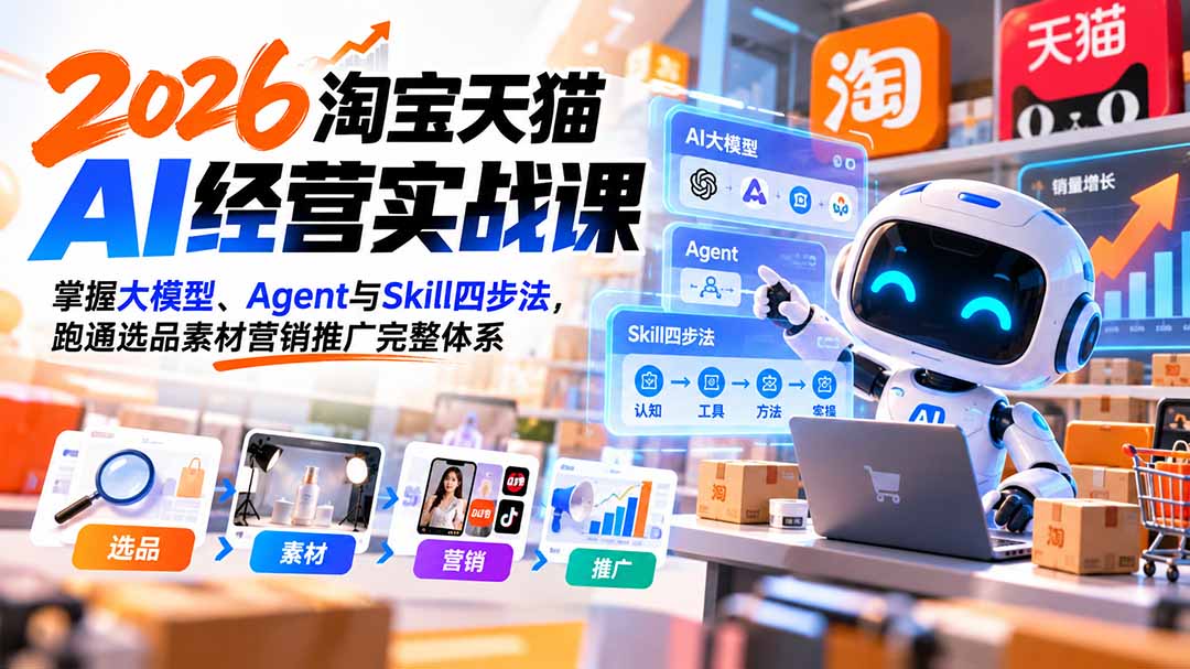 （20676期）【无水印】2026淘宝天猫AI经营实战课：掌握大模型、Agent与Skill四步法，跑通选品素材营销推广完整体系 - 臻优资源网