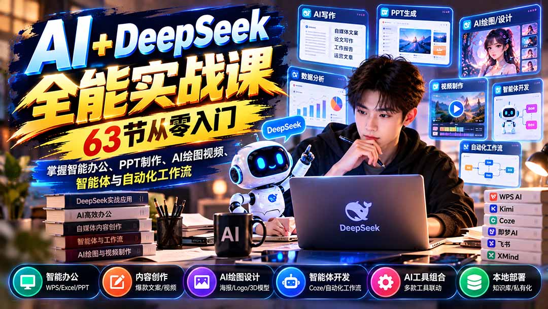 （21141期）AI+DeepSeek全能实战课：63节从零入门，掌握智能办公、PPT制作、AI绘图视频、智能体与自动化工作流 - 臻优资源网
