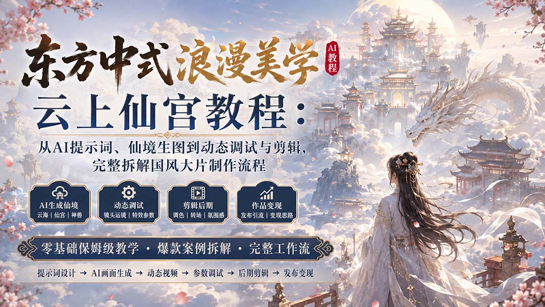 （20147期）东方中式浪漫美学云上仙宫教程：从AI提示词、仙境生图到动态调试与剪辑，完整拆解国风大片制作流程 - 臻优资源网