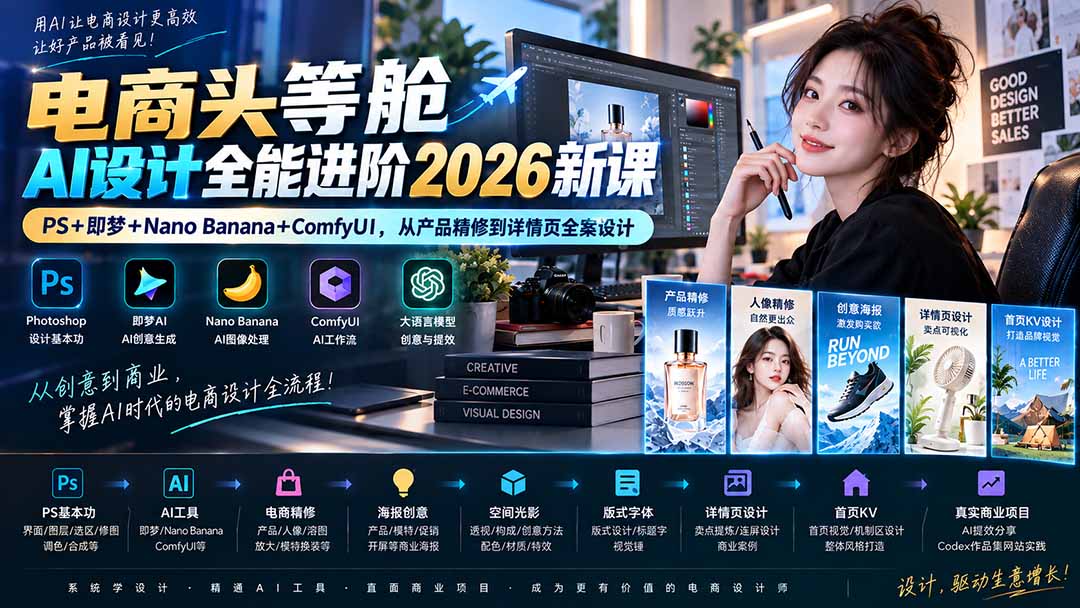 （20284期）电商头等舱AI设计全能进阶2026新课：PS+即梦+Nano Banana+ComfyUI，从产品精修到详情页全案设计 - 臻优资源网