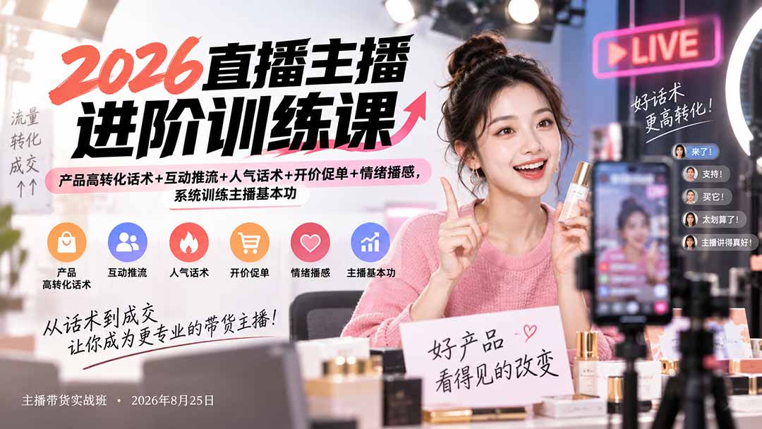 （20408期）2026直播主播进阶训练课：产品高转化话术+互动推流+人气话术+开价促单+情绪播感，系统训练主播基本功 - 臻优资源网