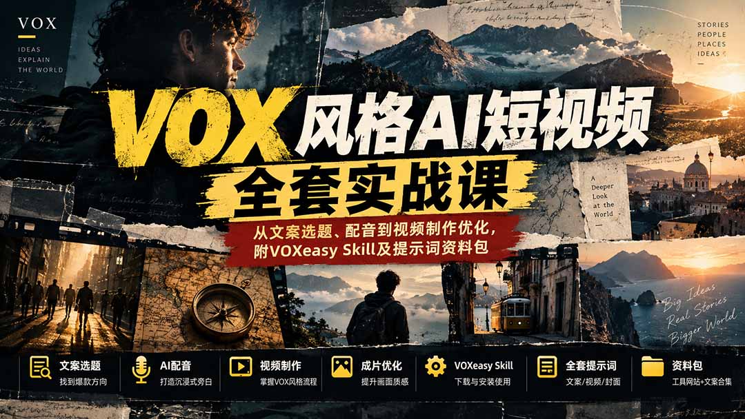 （20677期）【无水印】VOX风格AI短视频全套实战课：从文案选题、配音到视频制作优化，附VOXeasy Skill及提示词资料包 - 臻优资源网