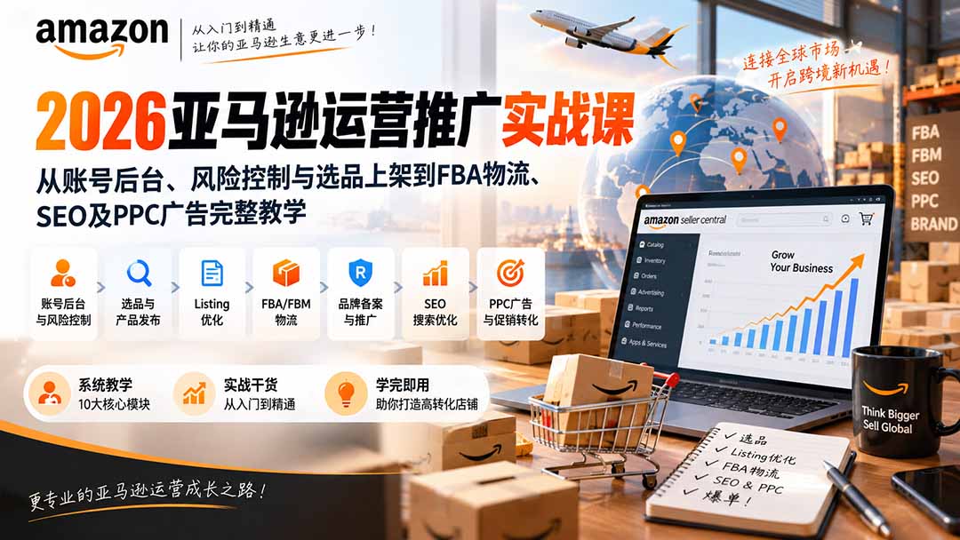 （20410期）2026亚马逊运营推广实战课：从账号后台、风险控制与选品上架到FBA物流、SEO及PPC广告完整教学 - 臻优资源网