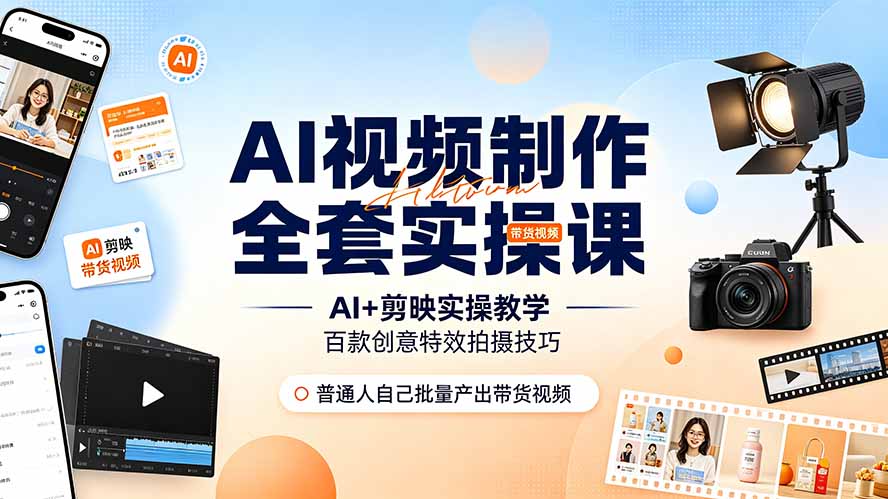 （19200期）AI视频制作全套实操课，多款AI工具搭配剪映教学，百种特效运镜拍摄实操，抖音账号带货运营全覆盖 - 臻优资源网