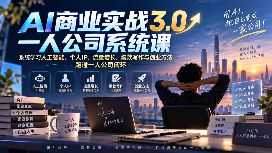（20249期）AI商业实战3.0一人公司系统课：系统学习人工智能、个人IP、流量增长、爆款写作与创业方法，跑通一人公司闭环 - 臻优资源网