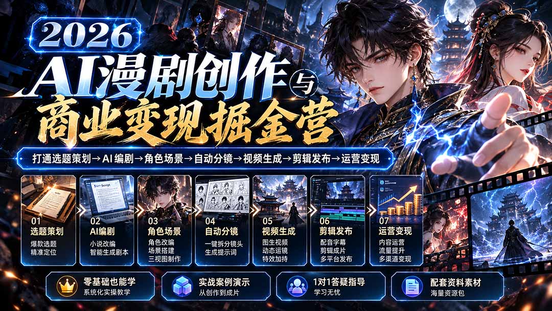 （20906期）【无水印】2026AI漫剧创作与商业变现掘金营：打通选题→AI编剧→角色场景→自动分镜→视频生成→剪辑发布→运营变现 - 臻优资源网