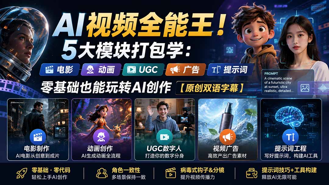 （20048期）AI视频全能王！5大模块打包学：电影、动画、UGC、广告、提示词，零基础也能玩转AI创作【原创双语字幕】 - 臻优资源网