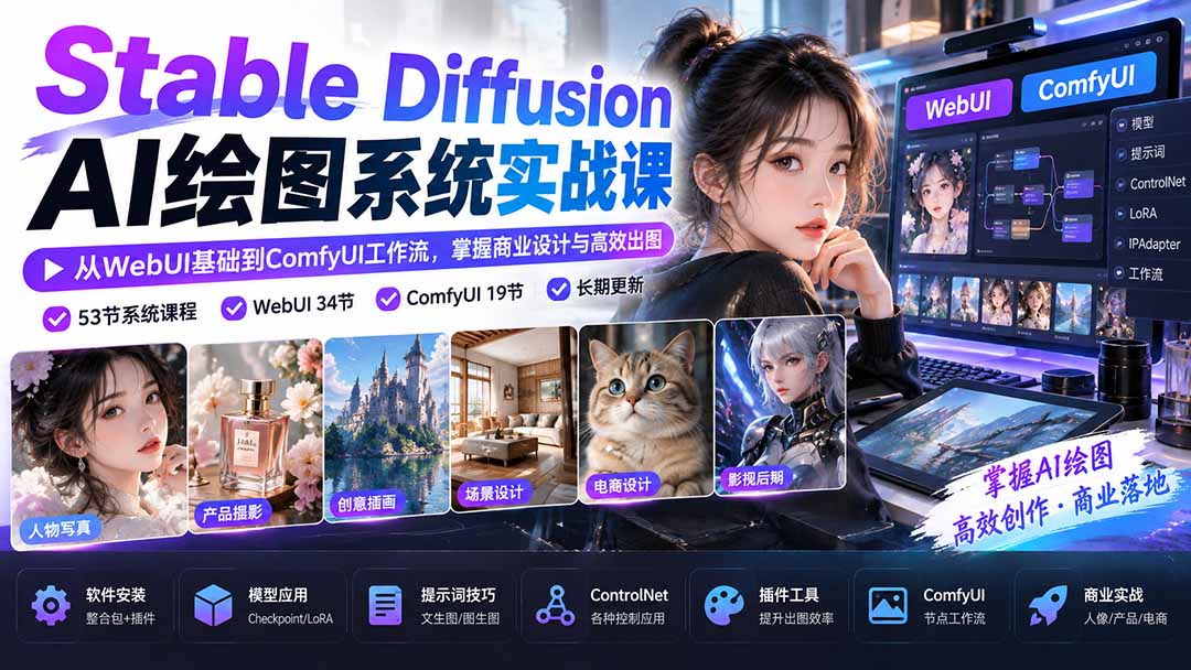 （20678期）Stable Diffusion AI绘图系统实战课：从WebUI基础到ComfyUI工作流，掌握商业设计与高效出图 - 臻优资源网