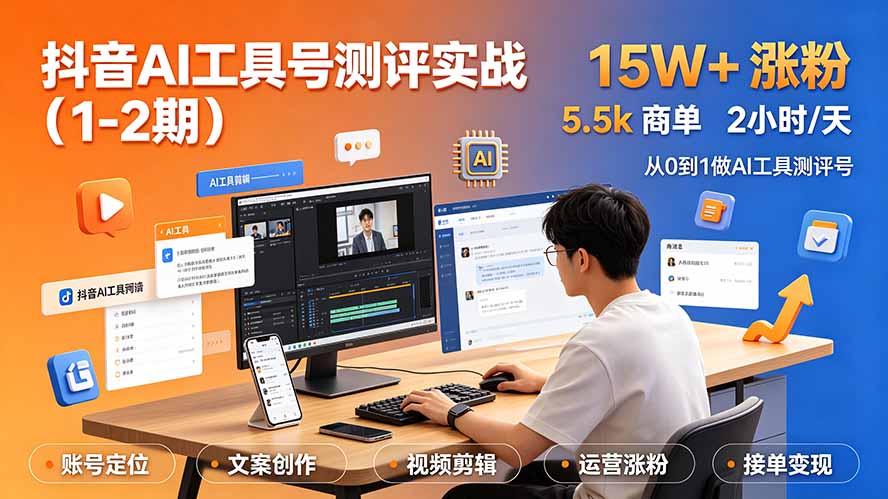 （19380期）抖音AI工具号测评实战（1-2期）：单号涨粉15W+×商单5.5k×伙伴计划×普通人可复制，每天2小时长期可持续 - 臻优资源网