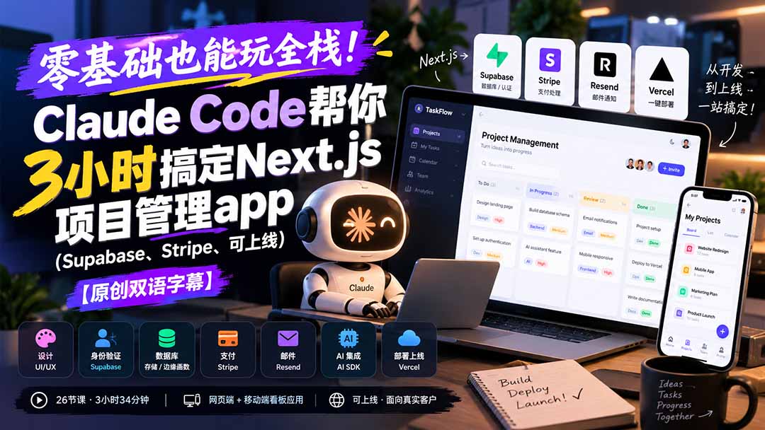（20907期）零基础也能玩全栈！Claude Code帮你3小时搞定Next.js项目管理app（Supabase、Stripe、可上线）【原创双语字幕】 - 臻优资源网