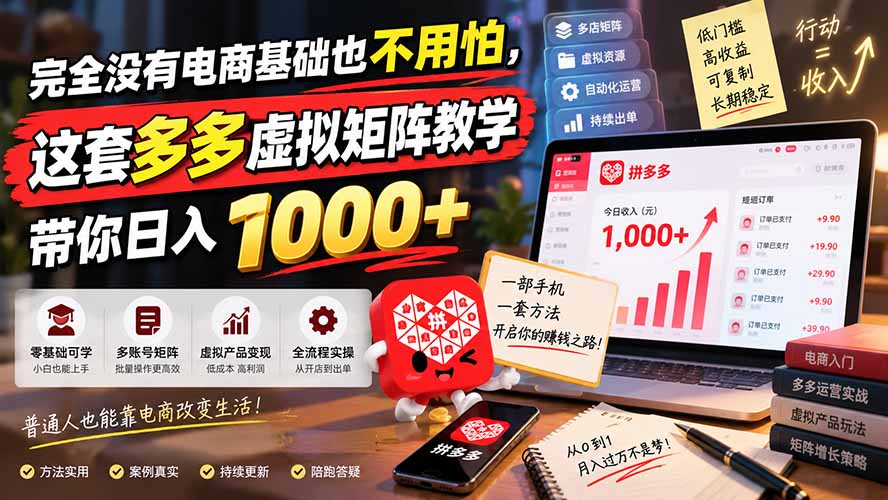（20454期）完全没有电商基础也不用怕，这套多多虚拟矩阵教学带你日入 1000+ - 臻优资源网