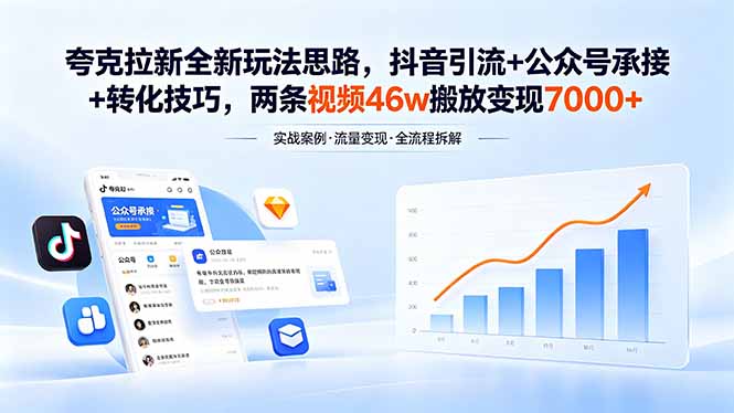 （18416期）夸克拉新全新玩法思路，抖音引流+公众号承接+转化技巧，两条视频46w搬放 变现7000+ - 臻优资源网