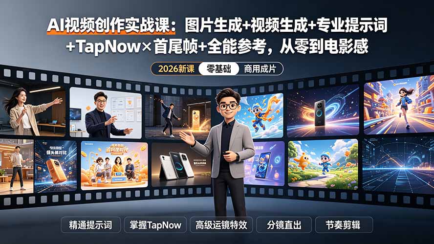 （19383期）AI视频创作实战课：图片生成+视频生成+专业提示词+TapNow×首尾帧+全能参考，从零到电影感成片 - 臻优资源网