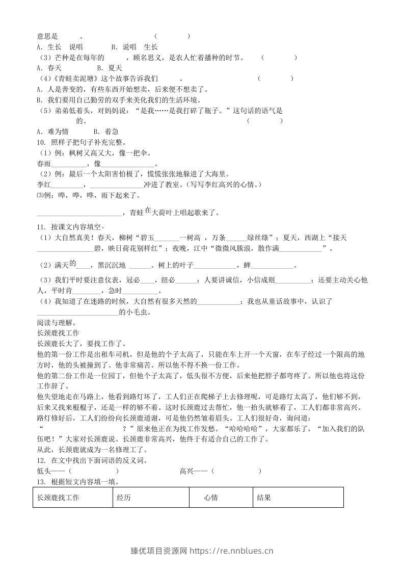 图片[2] - 2020-2021学年江苏省无锡市惠山区二年级下册期末考试语文真题及答案(Word版) - 臻优资源网