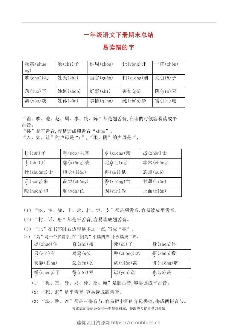 一年级语文下册期末总结—易读（写）错的字 - 臻优资源网
