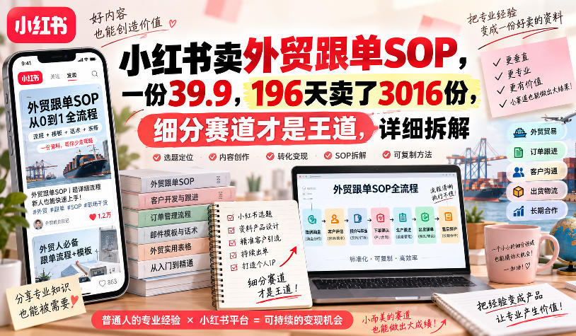 小红书卖外贸跟单sop，一份39.9，196天卖了3016份，细分赛道才是王道，详细拆解 - 臻优资源网