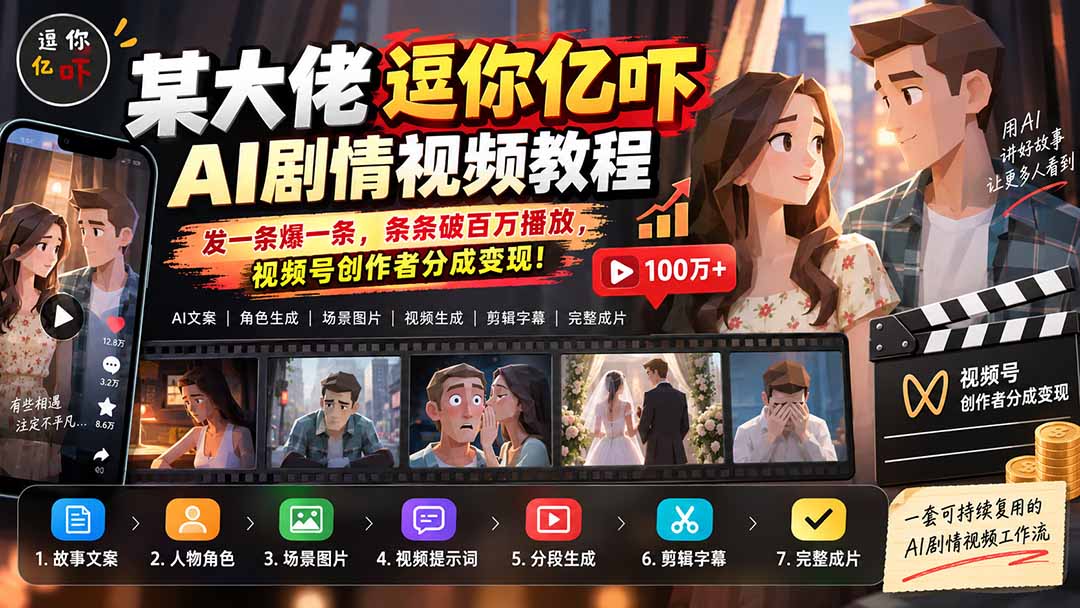 （20388期）某大佬逗你亿吓AI低模剧情视频制作教程：发一条爆一条，条条破百万播放，利用视频号创作者分成变现! - 臻优资源网