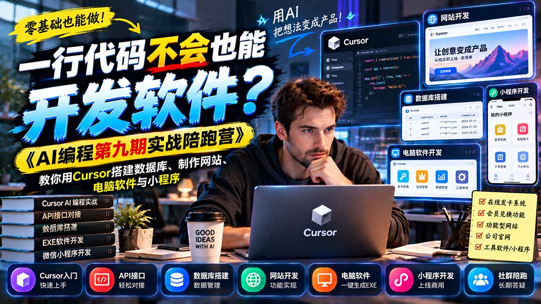 （21146期）一行代码不会也能开发软件？《AI编程第九期实战陪跑营》教你用Cursor搭建数据库、制作网站、电脑软件与小程序 - 臻优资源网